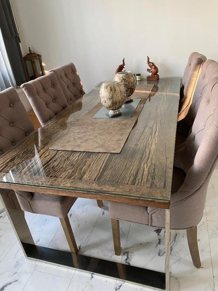 grote eettafel met bijpassende salontafel, spiegel en lamp, Huis en Inrichting, Tafels | Eettafels, Zo goed als nieuw, 50 tot 100 cm