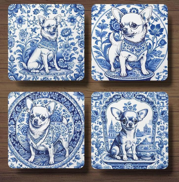 Chihuahua Delfts Blauw onderzetters met houder, Huis en Inrichting, Woonaccessoires | Onderzetters, Nieuw, Glas of Kopje, Ophalen of Verzenden