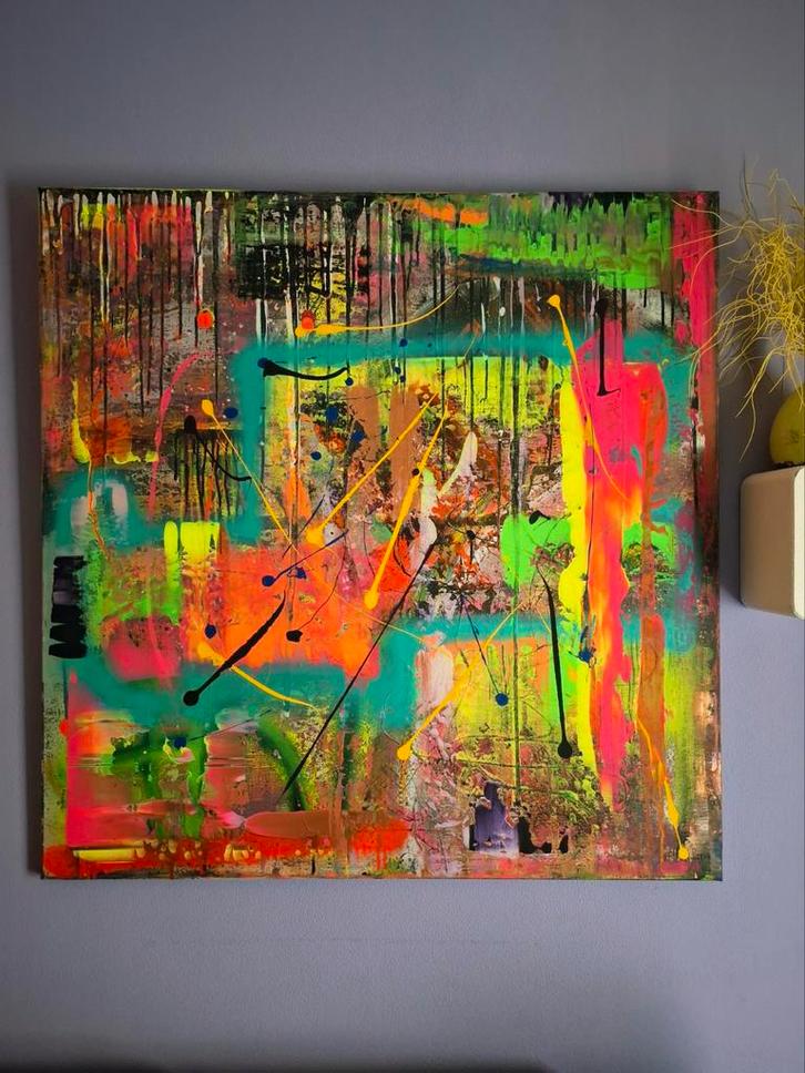 Dynamisch schilderij 100x100, Antiek en Kunst, Kunst | Schilderijen | Abstract, Ophalen of Verzenden