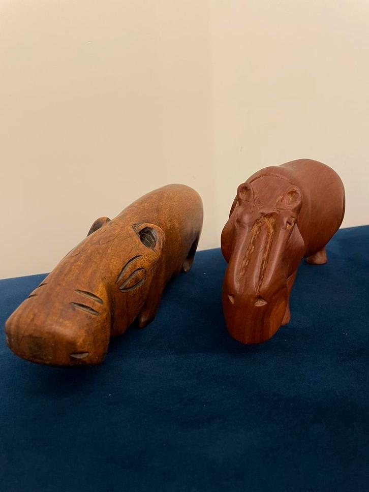 Vintage set van houten nijlpaarden | handgemaakt | 1950-1999, Antiek en Kunst, Kunst | Beelden en Houtsnijwerken, Ophalen of Verzenden