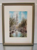 Aquarel van Amsterdamse gracht met toren, Ophalen of Verzenden