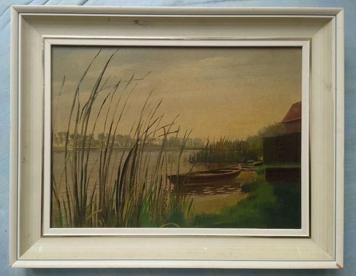 ~1940/50 Rivier scene met rustende bootje, olieverf/panel, Antiek en Kunst, Kunst | Schilderijen | Klassiek, Ophalen of Verzenden