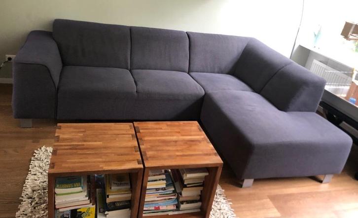 Hoekbank donkerblauw, in keurige staat, Huis en Inrichting, Banken | Bankstellen, Gebruikt, Vierpersoons of meer, 250 tot 300 cm