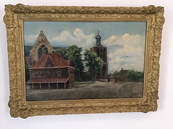 St.Gertrudiskerk met waaggebouw Workum., Antiek en Kunst, Kunst | Schilderijen | Klassiek, Ophalen of Verzenden