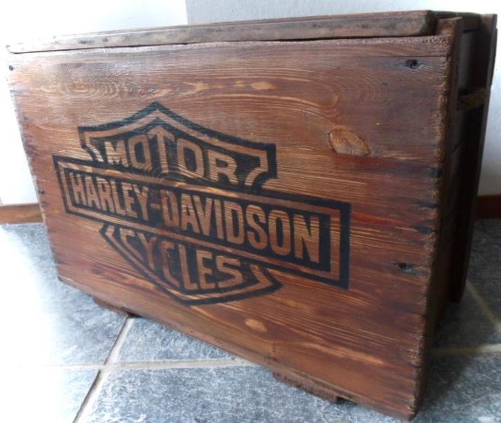 Vintage industriele houten kist / Harley-Davidson / mancave, Huis en Inrichting, Woonaccessoires | Kisten, Zo goed als nieuw, Minder dan 50 cm
