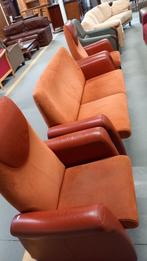 Retro Lederen Fauteuil & Bankstel - Oranje, Stof, Gebruikt, 75 tot 100 cm, Ophalen of Verzenden