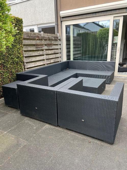 Loungeset (groot), Tuin en Terras, Tuinsets en Loungesets, Gebruikt, Loungeset, Kunststof, 8 zitplaatsen, Bank, Bijzettafel, Hocker