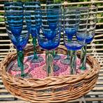 Wijnglazen 9x (3x3) blauw glas met groene voet mix&match, Verzenden, Zo goed als nieuw, Overige typen