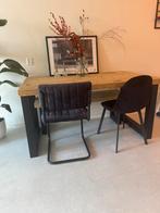 Houten eettafel met stalen poten & bankje, Ophalen, Gebruikt, 100 tot 150 cm, Eikenhout