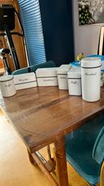 Zes Retro voorraad bussen plastic wit zwart opschrift, Antiek en Kunst, Antiek | Emaille, Ophalen of Verzenden