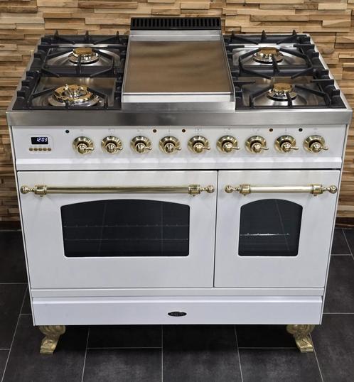 Luxe Fornuis Boretti 90cm hoogglans wit messing 300 oven, Witgoed en Apparatuur, Fornuizen, Zo goed als nieuw, Vrijstaand, Gas