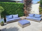 Douglas loungeset van Droomhout. Hoektafel, hocker + kussens, Tuin en Terras, Tuinsets en Loungesets, Ophalen, 4 zitplaatsen, Gebruikt