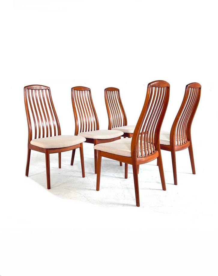 Set van 5 vintage eetkamerstoelen, Kai Kristiansen ‘70, Huis en Inrichting, Stoelen, Zo goed als nieuw, Vier, Stof, Ophalen of Verzenden