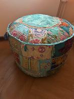 Indiase turquoise patchwork poef, Huis en Inrichting, Ophalen, Minder dan 50 cm, Rond, Zo goed als nieuw