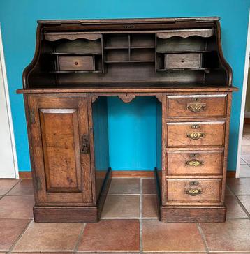 Antiek Engels rolluik bureau met bloemmahonie fronten beschikbaar voor biedingen