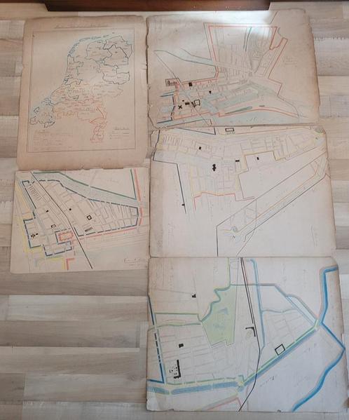 5 grote handgekleurde kaarten  laat 19e eeuw, Rotterdam, Antiek en Kunst, Kunst | Etsen en Gravures, Ophalen