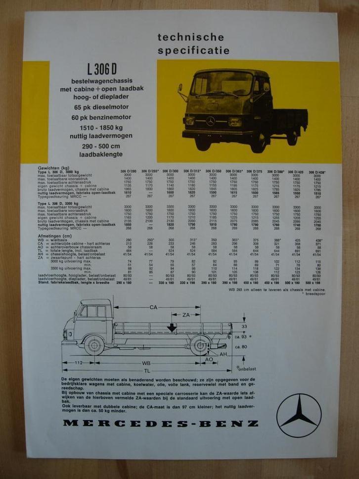 Mercedes 306 307 Technische Specificatie folder 1972 306D, Boeken, Auto's | Folders en Tijdschriften, Zo goed als nieuw, Mercedes