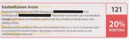 Kasteeltuinen Arcen, 20% korting. Postcodeloterij bon nr 121, Tickets en Kaartjes, Kortingen en Cadeaubonnen, Drie personen of meer