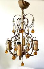 Oude kroonluchter met amberglas druppels prismakralen Italië, Ophalen of Verzenden