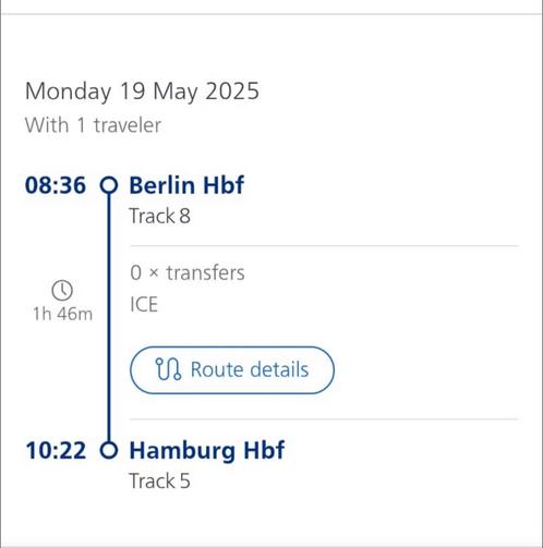 Enkeltje Berlijn - Hamburg maandag 19 mei 1 persoon, Tickets en Kaartjes, Trein, Bus en Vliegtuig, Eén persoon, Met bestemming of datum