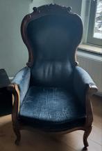 Fauteuil met blauw velours bekleding., Ophalen, Gebruikt, 75 tot 100 cm, Voltaire