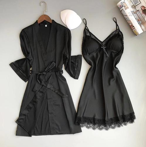 Zwarte kimono en nachtjapon set (ochtendjas badjas jurkje), Kleding | Dames, Ondergoed en Lingerie, Nachtkleding, Zwart, Verzenden