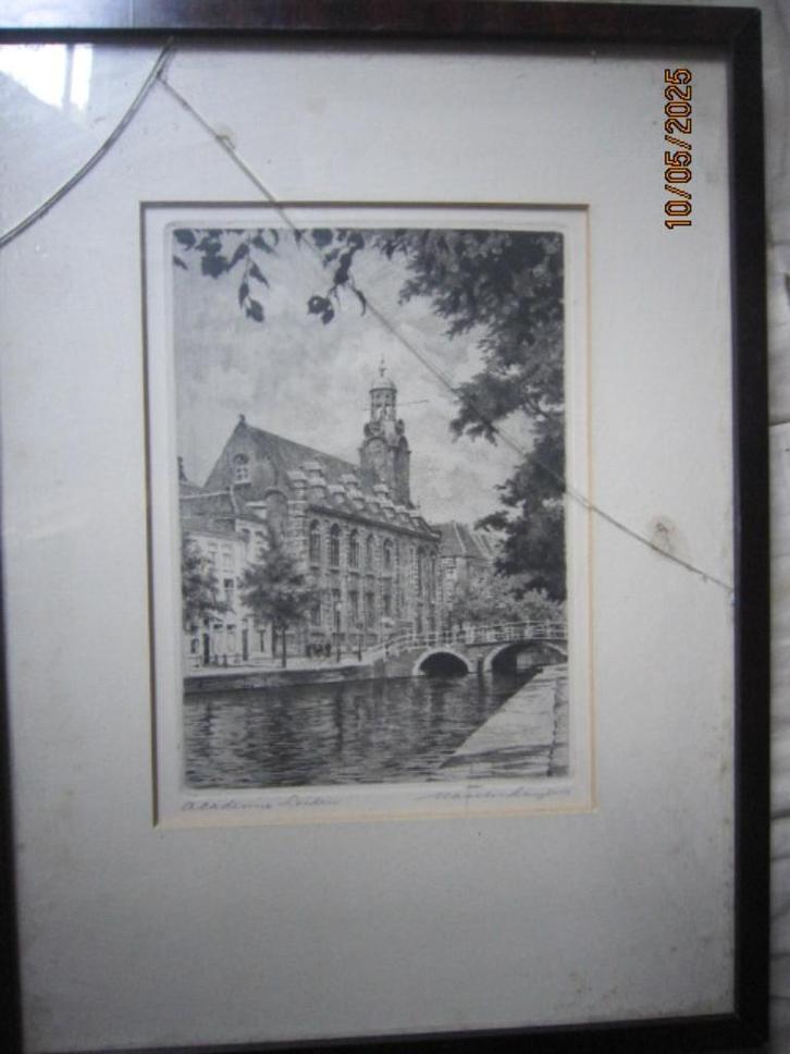 Maarten Langbroek (scheen) ets Acad Leiden Gebroken glas, Antiek en Kunst, Kunst | Etsen en Gravures, Ophalen of Verzenden