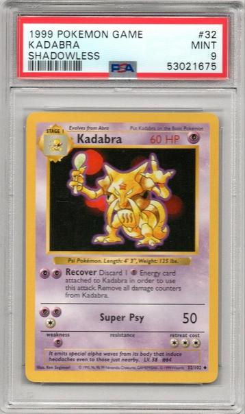 Kadabra Shadowless Psa 9 Base set 1999 beschikbaar voor biedingen