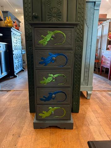 Oud ladekastje salamander, 5 - laads kastje blauw groen VdlM beschikbaar voor biedingen