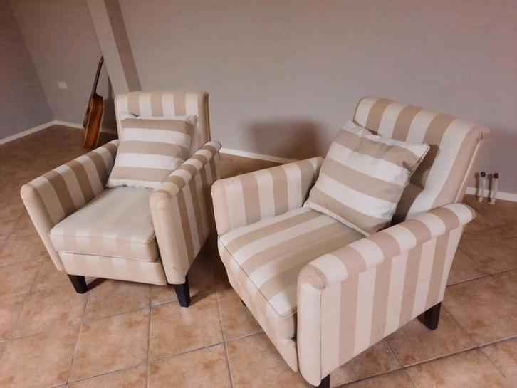 2 stoelen met omkeerbare zitkussens, Huis en Inrichting, Stoelen, Gebruikt, Twee, Overige kleuren, Ophalen