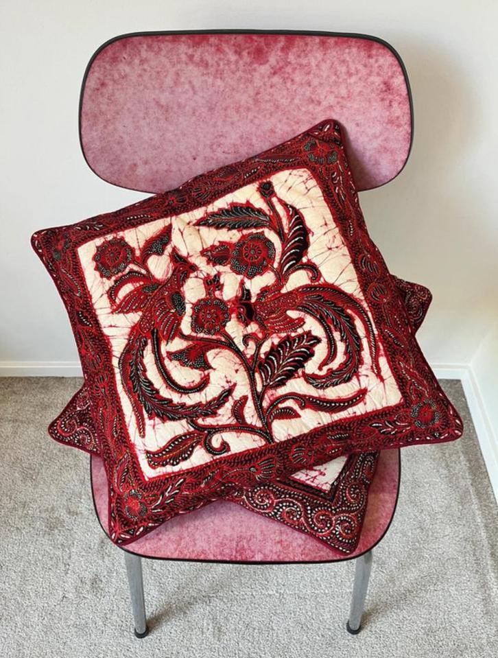 Set van 2 batik/blockprint kussens, 39,5x38,5cm. Boho goud, Huis en Inrichting, Woonaccessoires | Kussens, Gebruikt, Rood, Vierkant