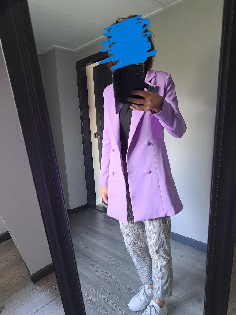 *Mooie lange blazer - jasje, lila double-breasted , maat S.*, Kleding | Dames, Jasjes, Kostuums en Pakken, Paars, Ophalen of Verzenden
