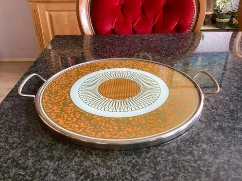 Taartplateau, dienblad, glas, metaal, oranje, goud, vintage, Antiek en Kunst, Curiosa en Brocante, Ophalen