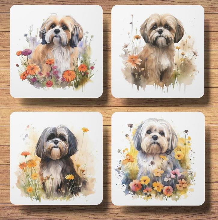 Lhasa Apso Aquarel onderzetters met houder, Huis en Inrichting, Woonaccessoires | Onderzetters, Nieuw, Glas of Kopje, Ophalen of Verzenden
