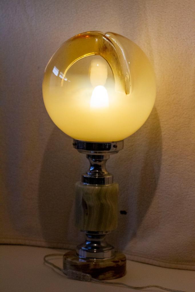 Prachtige vintage lamp, bol Murano glas & onyx voet/chroom, Huis en Inrichting, Lampen | Hanglampen, Gebruikt, 50 tot 75 cm, Glas