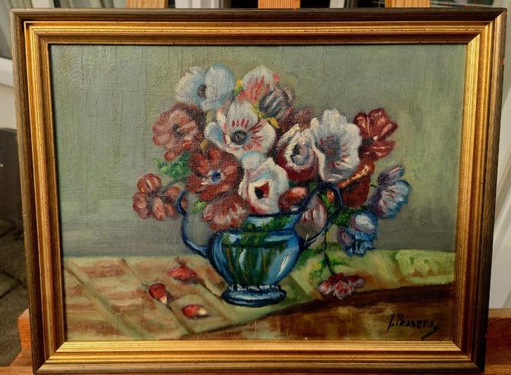 Stilleven met bloemen ges. Pessers, olieverf op paneel ~1940, Antiek en Kunst, Kunst | Beelden en Houtsnijwerken, Ophalen of Verzenden