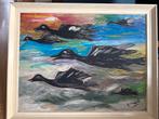 Klassiek Schilderij - Vlucht Vogels Zeegezicht Gesigneerd In, Ophalen of Verzenden