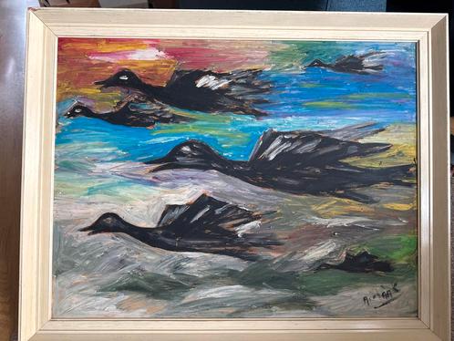 Klassiek Schilderij - Vlucht Vogels Zeegezicht Gesigneerd In, Antiek en Kunst, Kunst | Schilderijen | Klassiek, Ophalen of Verzenden