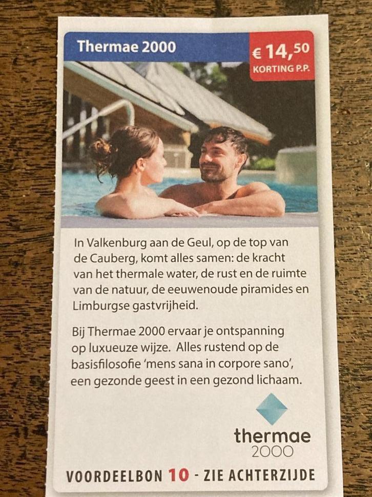 Kortingsbon sauna Thermae 2000, Tickets en Kaartjes, Kortingen en Cadeaubonnen, Drie personen of meer, Spa of Sauna, Kortingsbon