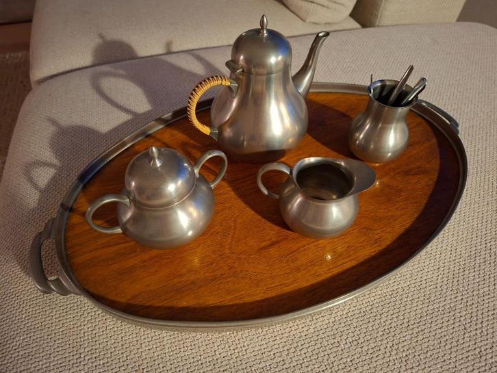 Tinnen theeservies met dienblad, Antiek en Kunst, Antiek | Tin, Ophalen of Verzenden