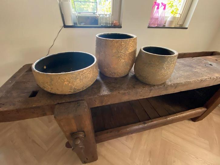 3 Aardewerk binnen Bloempotten - Rond - Groot - goudkleurig, Tuin en Terras, Bloempotten, Gebruikt, Aardewerk, Binnen, Minder dan 40 cm