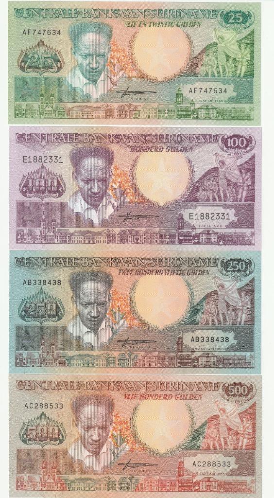 mooie set biljetten van 25-100-250-500 suriname ongebruikt, Postzegels en Munten, Bankbiljetten | Amerika, Setje, Ophalen of Verzenden