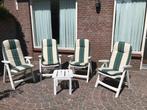 4 tuinstoelen met kussens + voetenbankje ( evt + tafel), Tuin en Terras, Tuinstoelen, Ophalen, Gebruikt, Plastic, Verstelbaar