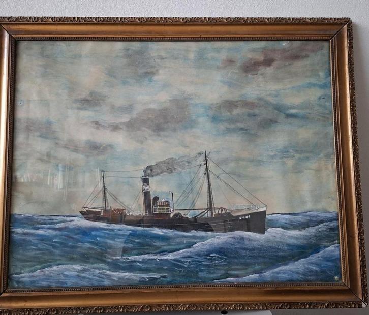 vintage schilderij vissersschip stoomboot trawler op zee, Verzamelen, Scheepvaart, Gebruikt, Overige typen, Motorboot, Ophalen