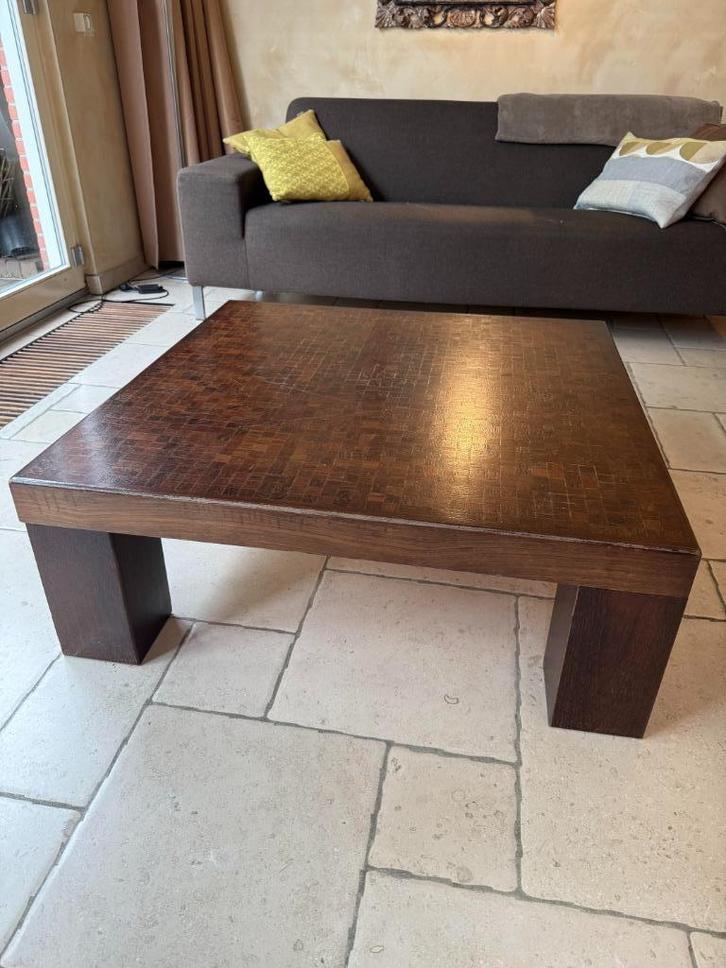 Retro salontafel – mozaïek houten blad – 100cm x 100 x 36 cm, Huis en Inrichting, Tafels | Salontafels, Gebruikt, Minder dan 50 cm