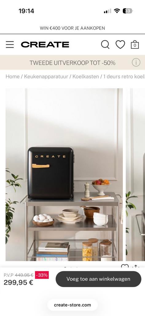 Mini koelkast  merk create  zwart, Zonder vriesvak, Minder dan 85 cm, Ophalen of Verzenden, Minder dan 75 liter