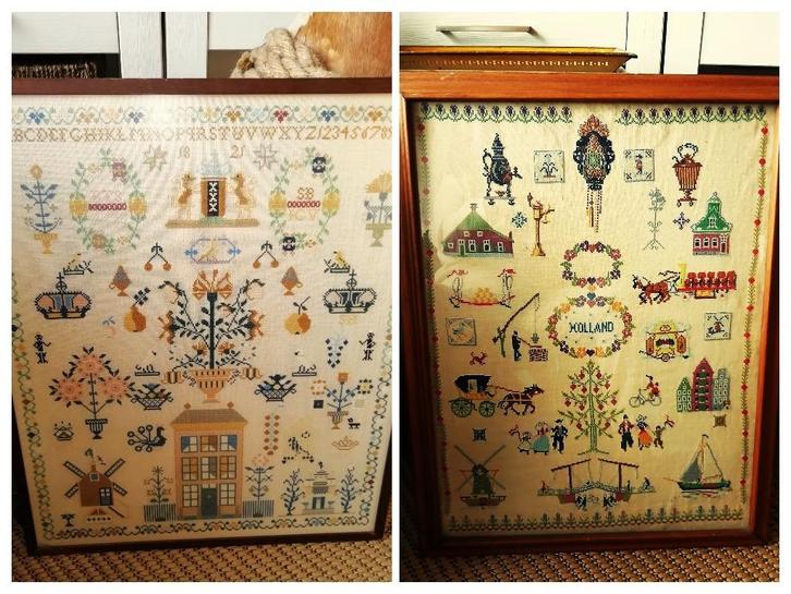 Twee oude merklappen in lijst 58 x 67 en 55 x 70 cm, Antiek en Kunst, Curiosa en Brocante, Ophalen of Verzenden