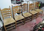 5 Vintage houten knop stoelen met rieten zitting, Vijf, Zes of meer stoelen, Riet of Rotan, Oud Hollands, Gebruikt