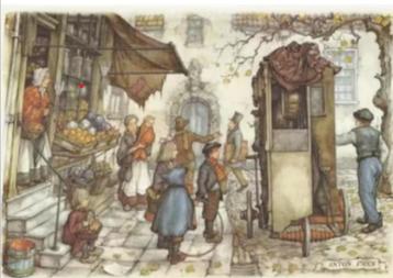 (1) Prent Draaiorgel met publiek door Anton Pieck (2) Prent 