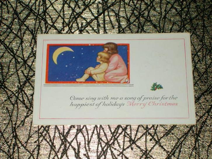 USA leuke kerstkaart, zusjes kijken samen naar maan/ relief, Verzamelen, Ansichtkaarten | Themakaarten, Ongelopen, 1920 tot 1940